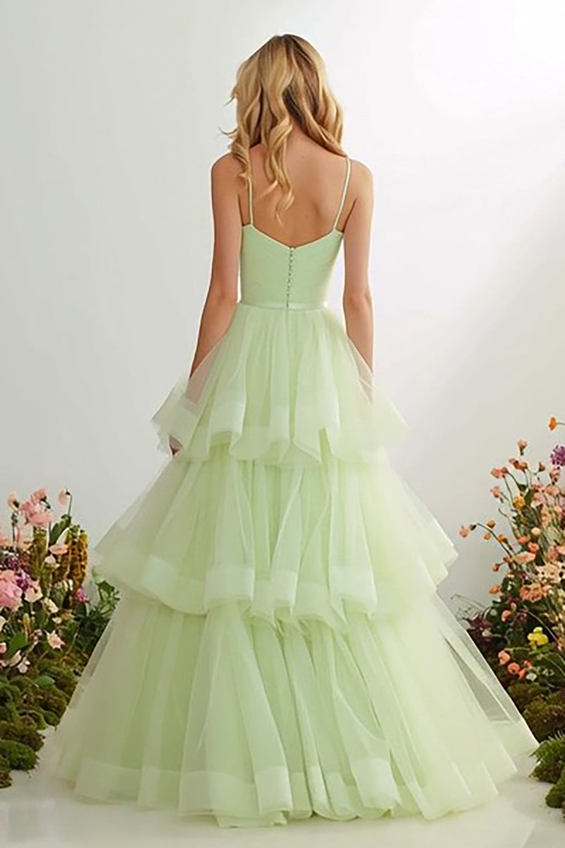 Load image into Gallery viewer, Princess Light Green A Line Tulle Long Prom Dress with Ruffles