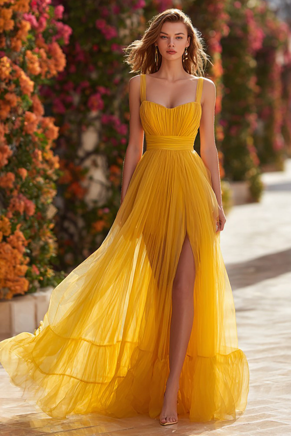 Chiffon Yellow A-Line Maxi Prom Dress with Slit