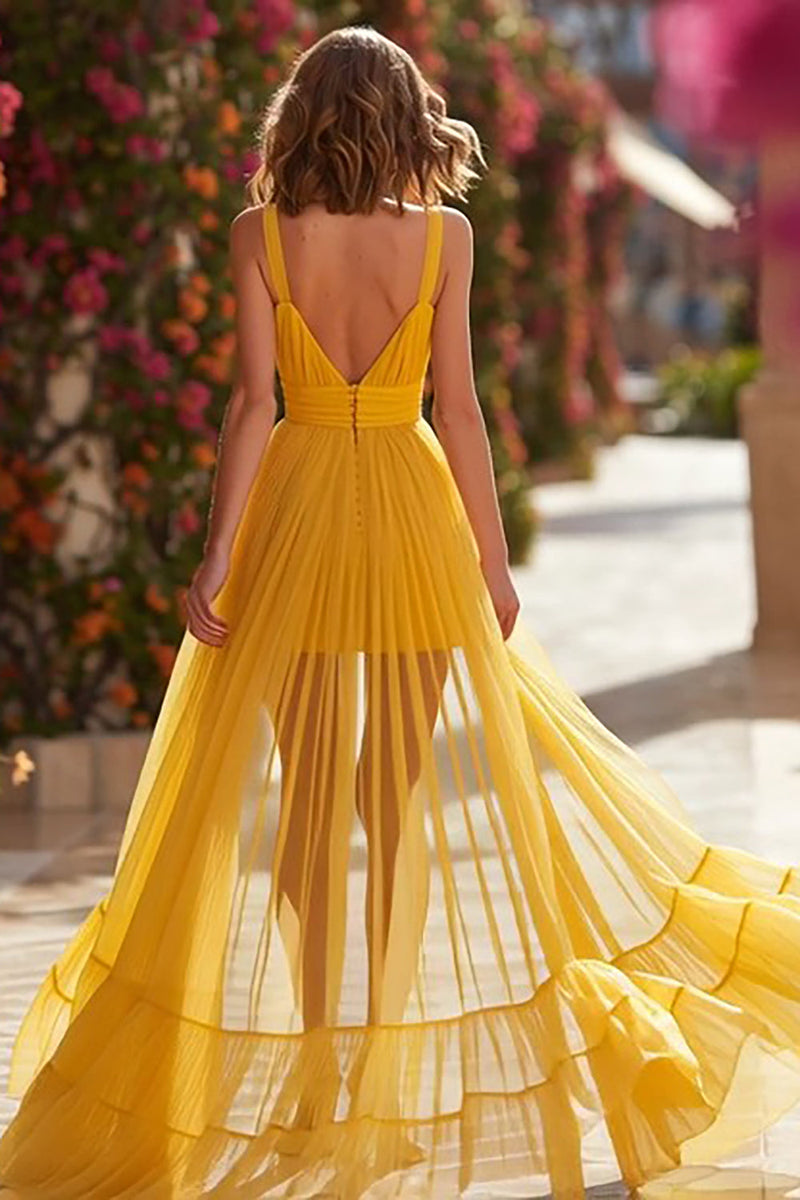 Load image into Gallery viewer, Chiffon Yellow A-Line Maxi Prom Dress with Slit