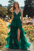 Load image into Gallery viewer, Dark Green Spaghetti Straps Long Ruffled Prom Dress with Slit