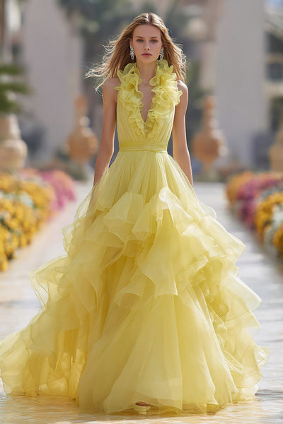 Princess Light Yellow Ruffled Ball Gown Long Prom Dress