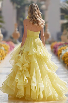 Princess Light Yellow Ruffled Ball Gown Long Prom Dress
