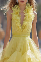 Load image into Gallery viewer, Princess Light Yellow Ruffled Ball Gown Long Prom Dress
