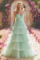 Load image into Gallery viewer, Princess Mint Green Tiered Tulle Maxi Prom Dress with Ruffles