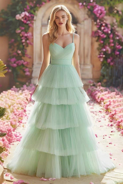 Princess Mint Green Tiered Tulle Maxi Prom Dress with Ruffles