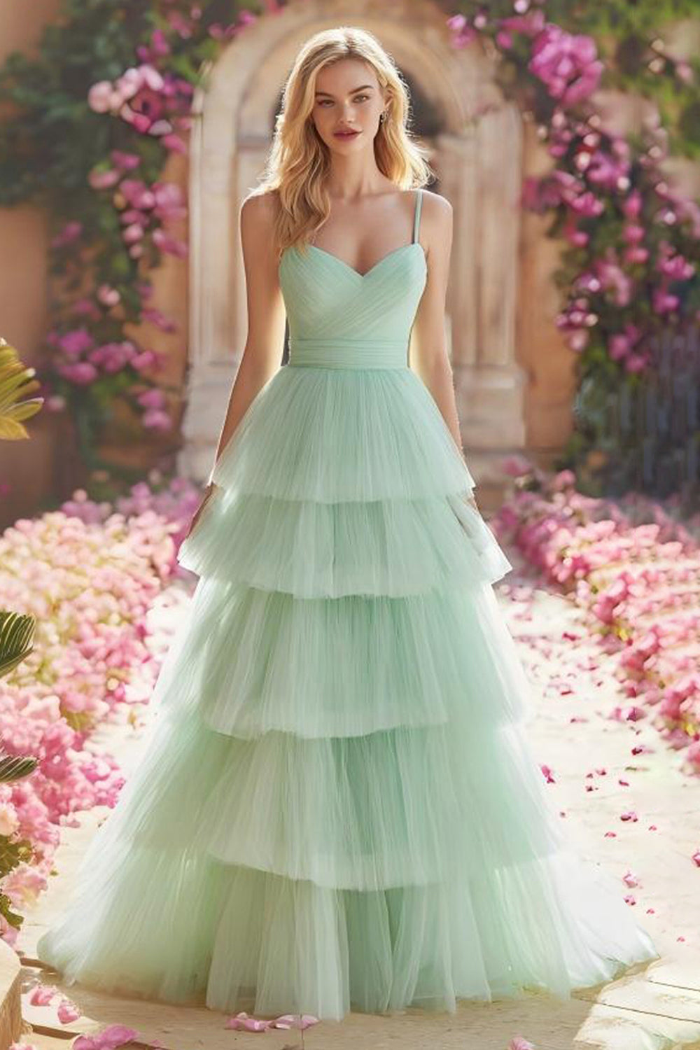 Princess Mint Green Tiered Tulle Maxi Prom Dress with Ruffles