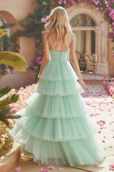 Princess Mint Green Tiered Tulle Maxi Prom Dress with Ruffles