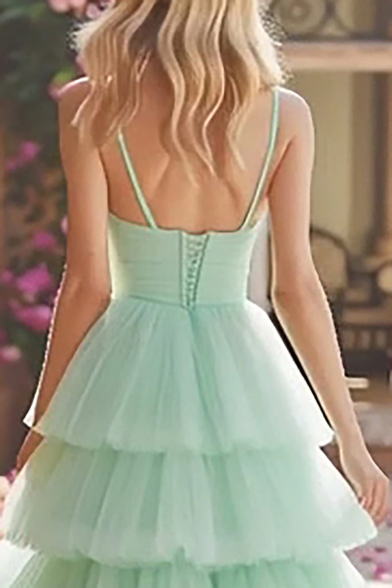 Load image into Gallery viewer, Princess Mint Green Tiered Tulle Maxi Prom Dress with Ruffles
