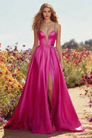 Load image into Gallery viewer, Sparkly Fuchsia Satin A-Line Long Prom Dress with Slit