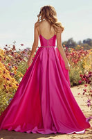 Load image into Gallery viewer, Sparkly Fuchsia Satin A-Line Long Prom Dress with Slit