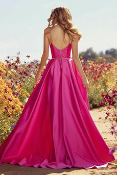 Sparkly Fuchsia Satin A-Line Long Prom Dress with Slit