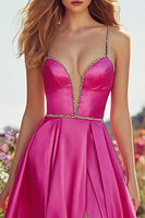 Load image into Gallery viewer, Sparkly Fuchsia Satin A-Line Long Prom Dress with Slit
