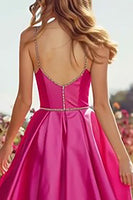 Load image into Gallery viewer, Sparkly Fuchsia Satin A-Line Long Prom Dress with Slit