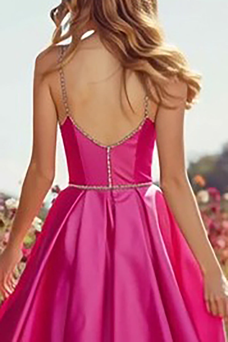 Load image into Gallery viewer, Sparkly Fuchsia Satin A-Line Long Prom Dress with Slit