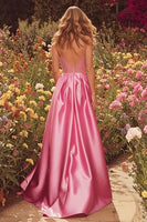 Load image into Gallery viewer, Sparkly Pink Satin A-Line Long Beaded Prom Dress with Slit