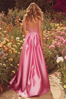 Sparkly Pink Satin A-Line Long Beaded Prom Dress with Slit