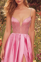 Load image into Gallery viewer, Sparkly Pink Satin A-Line Long Beaded Prom Dress with Slit
