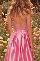 Load image into Gallery viewer, Sparkly Pink Satin A-Line Long Beaded Prom Dress with Slit