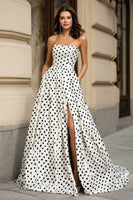 Load image into Gallery viewer, White and Black Polka Dots Strapless A-Line Long Prom Dress with Slit