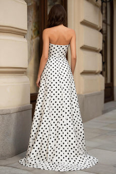 White and Black Polka Dots Strapless A-Line Long Prom Dress with Slit