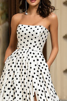 Load image into Gallery viewer, White and Black Polka Dots Strapless A-Line Long Prom Dress with Slit