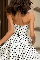 Load image into Gallery viewer, White and Black Polka Dots Strapless A-Line Long Prom Dress with Slit
