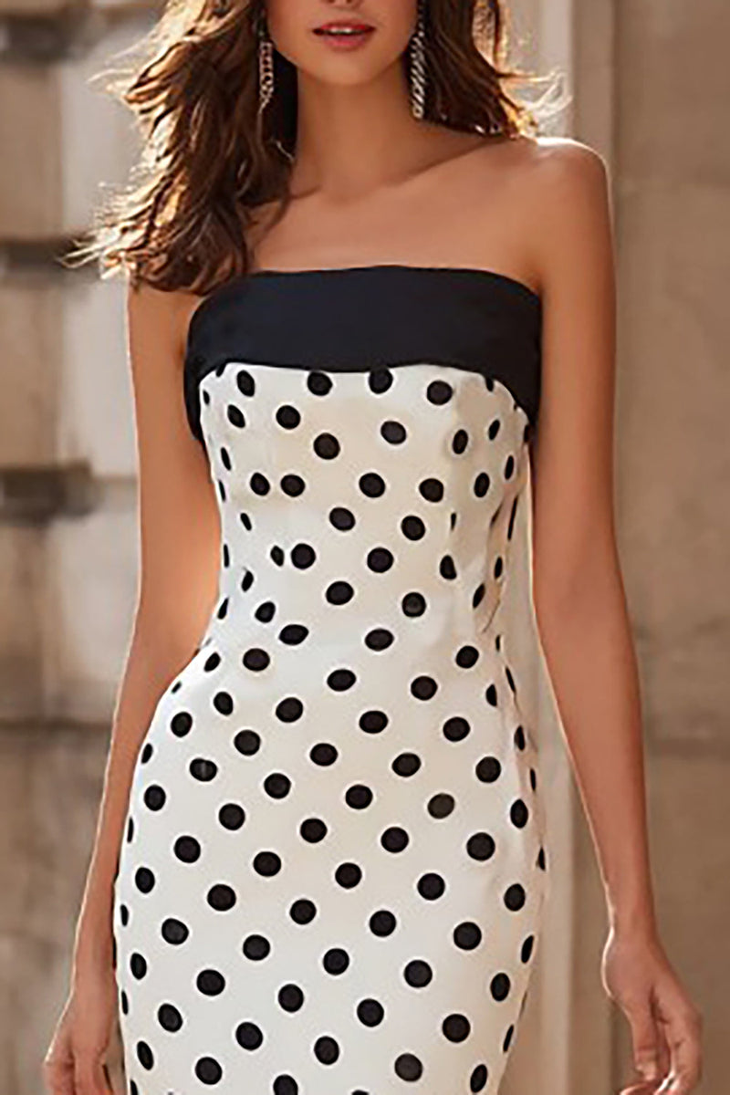 Load image into Gallery viewer, White and Black Polka Dots Strapless Maxi Mermaid Prom Dress