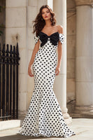Load image into Gallery viewer, White and Black Polka Dots Mermaid Maxi Prom Dress with Bow
