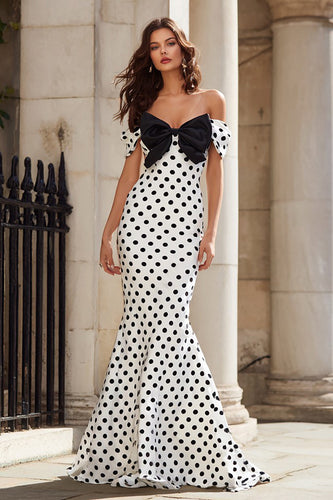 White and Black Polka Dots Mermaid Maxi Prom Dress with Bow