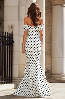 Load image into Gallery viewer, White and Black Polka Dots Mermaid Maxi Prom Dress with Bow