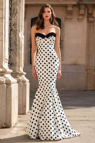 White and Black Polka Dots Strapless Mermaid Long Prom Dress