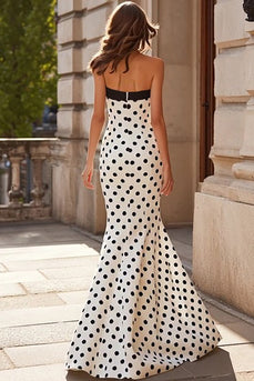 White and Black Polka Dots Strapless Mermaid Long Prom Dress