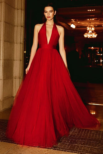 A-Line Red Halter Neck Maxi Gala Dress