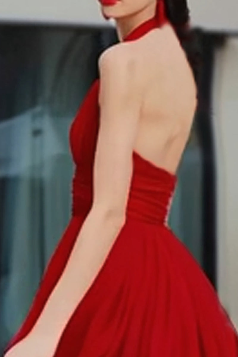 Load image into Gallery viewer, A-Line Red Halter Neck Maxi Gala Dress