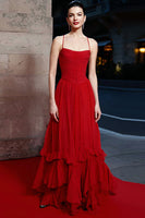 Load image into Gallery viewer, Red A-Line Long Tiered Gala Dress with Ruffles
