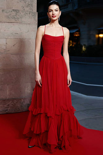Red A-Line Long Tiered Gala Dress with Ruffles