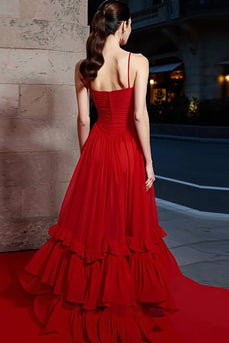 Red A-Line Long Tiered Gala Dress with Ruffles