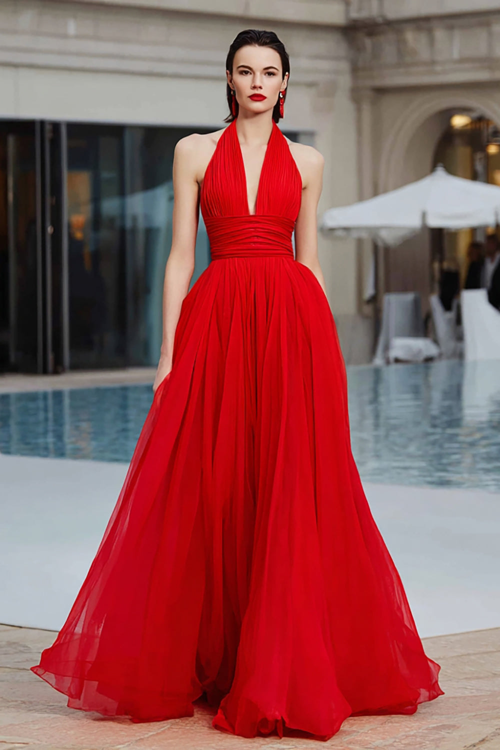 Red Ruched A-Line Maxi Gala Dress