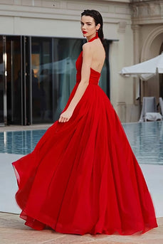 Red Ruched A-Line Maxi Gala Dress