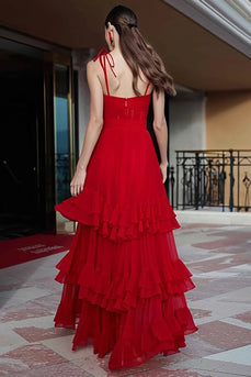 Red Long Tiered Gala Dress with Ruffles