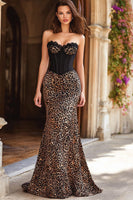 Load image into Gallery viewer, Brown Leopard Print Mermaid Sweetheart Long Corset Prom Dress with Lace