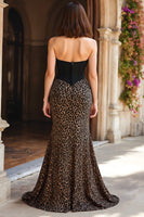 Load image into Gallery viewer, Brown Leopard Print Mermaid Sweetheart Long Corset Prom Dress with Lace