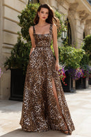 Load image into Gallery viewer, Brown Leopard Print A-Line Square Neck Long Prom Dress with Slit