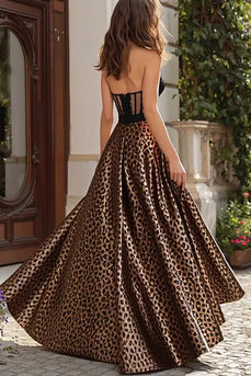 Brown A-Line Leopard Print Long Corset Prom Dress with Lace