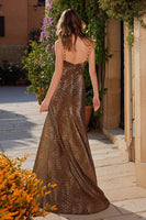 Load image into Gallery viewer, Leopard Print Brown Spaghetti Straps Long Prom Dress with Slit