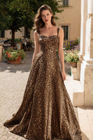 Load image into Gallery viewer, Brown Leopard Print A-Line Thick Straps Long Prom Dress