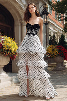 Load image into Gallery viewer, Black and White Polka Dots Ruffled Sweetheart Tiered Long Prom Dress with Slit