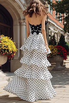 Black and White Polka Dots Ruffled Sweetheart Tiered Long Prom Dress with Slit
