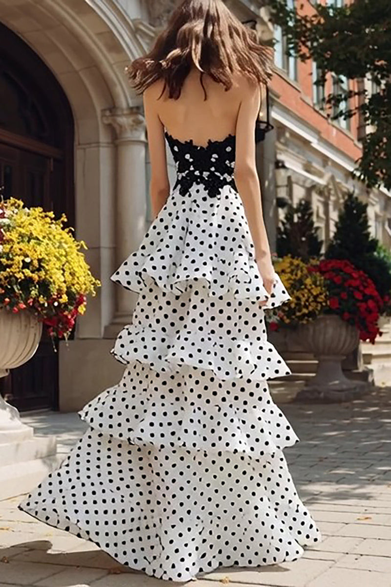 Load image into Gallery viewer, Black and White Polka Dots Ruffled Sweetheart Tiered Long Prom Dress with Slit
