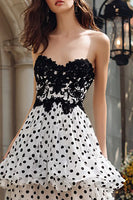 Load image into Gallery viewer, Black and White Polka Dots Ruffled Sweetheart Tiered Long Prom Dress with Slit